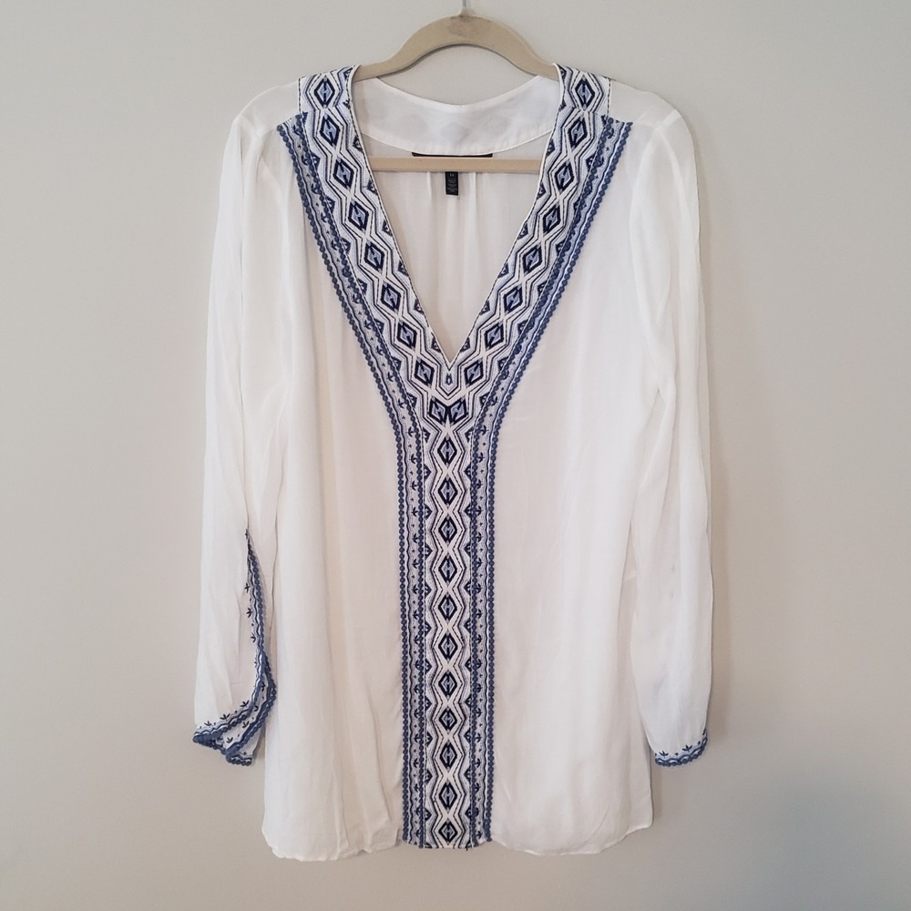 White House Black Market Embroidered Boho Tunic Top SIZE 14 Hippie Festival